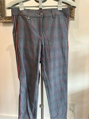 Plaid Side-Stripe Women’s Trousers in Gray with Red Accent